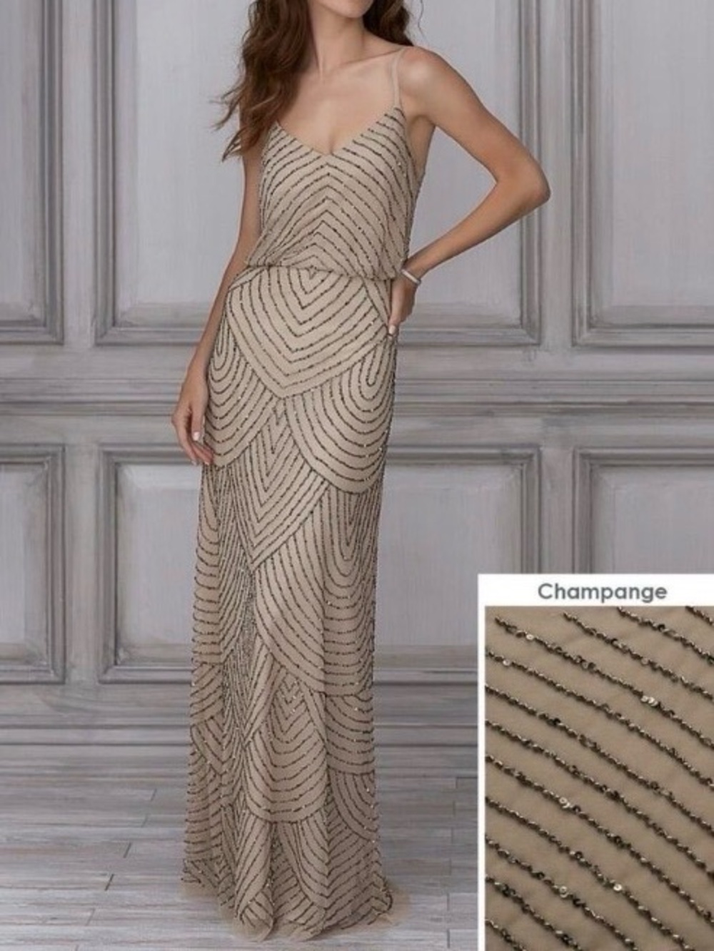 Adrianna Papell Champagne Gold Beaded Art Deco Blouson Gown Wedding Sz 16 NWT - Picture 3 of 16